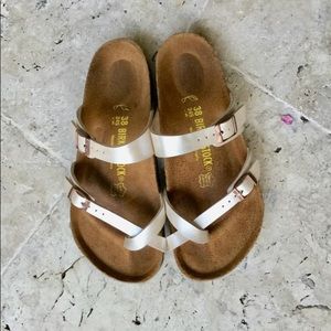 Metallic pink/silver strapped Birkenstock sandals